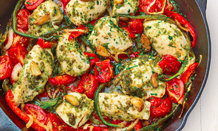 Chicken with Pesto & Peppers in a Cast Iron Skillet